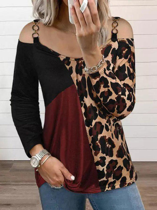 Women's T-Shirts Leopard Stitching Off-Shoulder Long Sleeve T-Shirt - T-Shirts - INS | Online Fashion Free Shipping Clothing, Dresses, Tops, Shoes - 06/11/2021 - 20-30 - color-blue