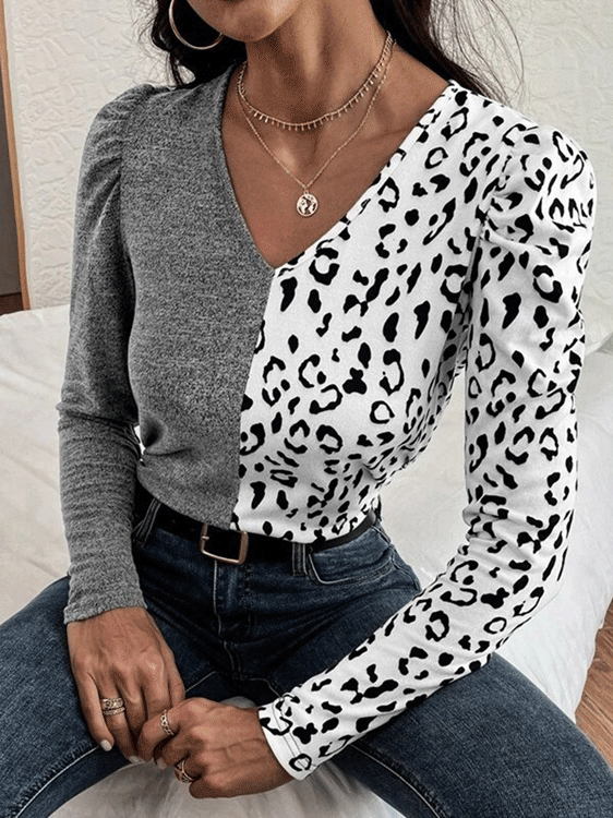 Women's T-Shirts Leopard Stitching V-Neck Bubble Long Sleeves T-Shirt - T-Shirts - Instastyled | Online Fashion Free Shipping Clothing, Dresses, Tops, Shoes - 20-30 - 20/12/2021 - color-gray