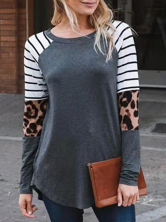 Women's T-Shirts Leopard Stripe Panel Long Sleeve Casual T-Shirt - T-Shirts - Instastyled | Online Fashion Free Shipping Clothing, Dresses, Tops, Shoes - 20-30 - 27/08/2022 - color-gray