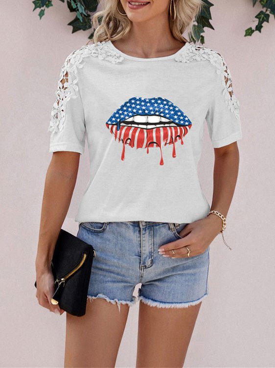 Women's T-Shirts Lips Printed Lace Panel Short Sleeve T-Shirt - T-Shirts - Instastyled | Online Fashion Free Shipping Clothing, Dresses, Tops, Shoes - 20-30 - 31/05/2022 - color-black