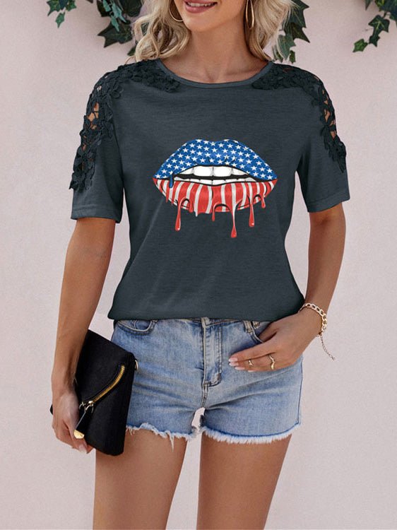 Women's T-Shirts Lips Printed Lace Panel Short Sleeve T-Shirt - T-Shirts - Instastyled | Online Fashion Free Shipping Clothing, Dresses, Tops, Shoes - 20-30 - 31/05/2022 - color-black