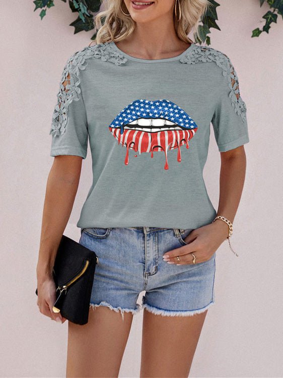 Women's T-Shirts Lips Printed Lace Panel Short Sleeve T-Shirt - T-Shirts - Instastyled | Online Fashion Free Shipping Clothing, Dresses, Tops, Shoes - 20-30 - 31/05/2022 - color-black