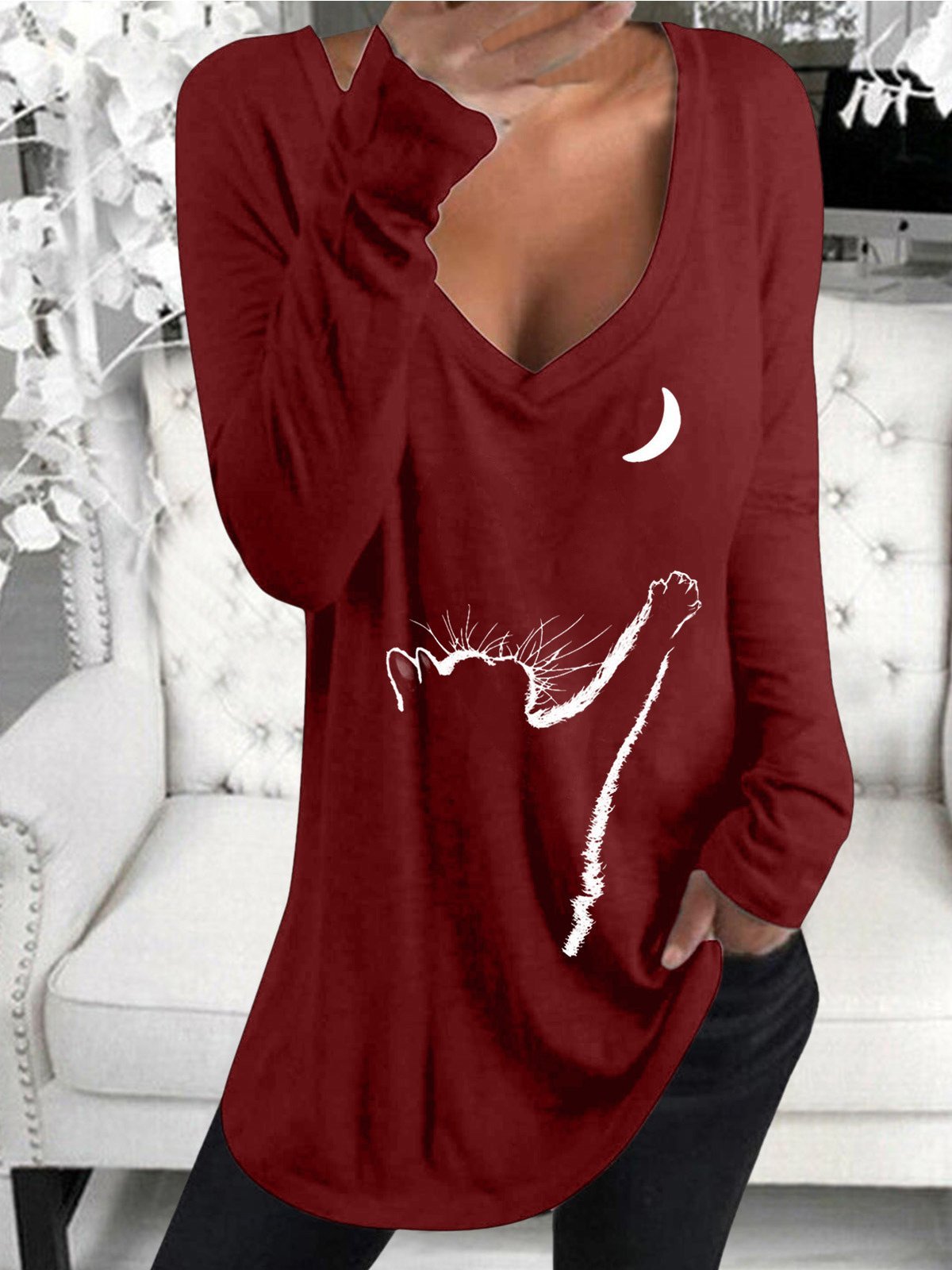 Women's T-Shirts Long Sleeve V-Neck Cat Print Casual T-Shirt - T-Shirts - INS | Online Fashion Free Shipping Clothing, Dresses, Tops, Shoes - 10-20 - 10/09/2021 - Category_T-Shirts