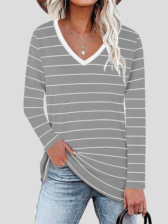 Women's T-Shirts Long Sleeve V-Neck Striped Casual T-Shirt - T-Shirts - INS | Online Fashion Free Shipping Clothing, Dresses, Tops, Shoes - 10/09/2021 - 20-30 - Category_T-Shirts