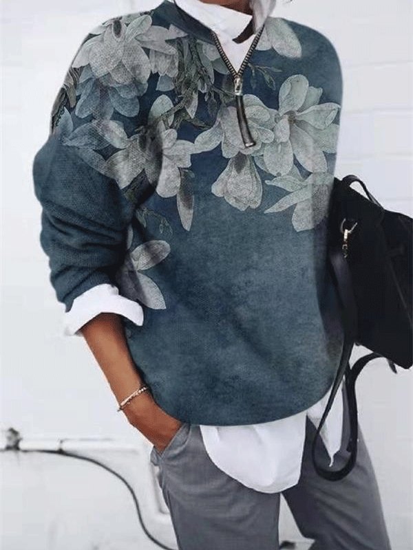 Women's T-Shirts Loose Floral Zipper Long Sleeve T-Shirt - T-Shirts - INS | Online Fashion Free Shipping Clothing, Dresses, Tops, Shoes - 12/10/2021 - 20-30 - color-blue