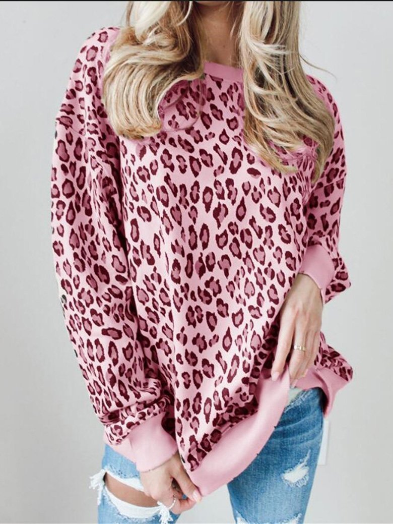 Women's T-Shirts Loose Leopard Print Round Neck Long Sleeve T-Shirt - T-Shirts - INS | Online Fashion Free Shipping Clothing, Dresses, Tops, Shoes - 07/09/2021 - 20-30 - Category_T-Shirts