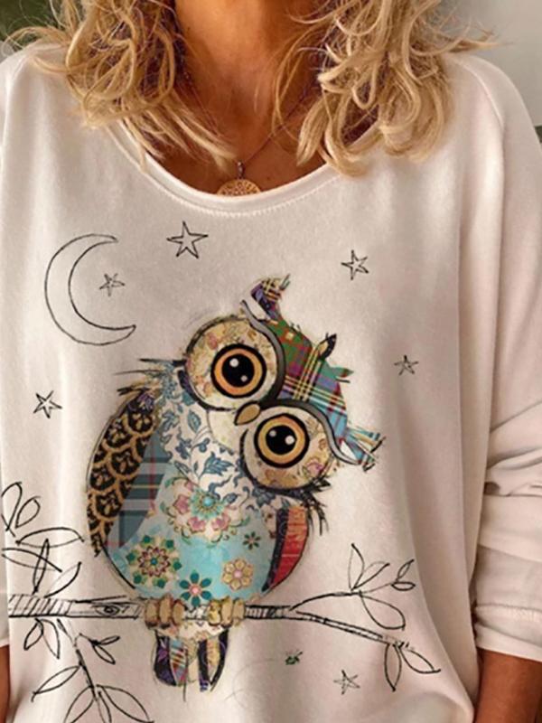 Women's T-Shirts Loose Owl Print Round Neck Long Sleeve T-Shirt - T-Shirts - INS | Online Fashion Free Shipping Clothing, Dresses, Tops, Shoes - 18/11/2021 - 20-30 - color-white