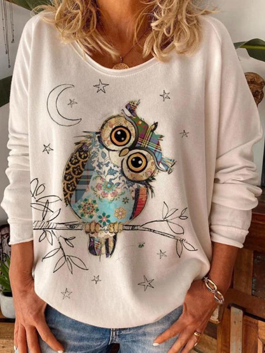 Women's T-Shirts Loose Owl Print Round Neck Long Sleeve T-Shirt - T-Shirts - INS | Online Fashion Free Shipping Clothing, Dresses, Tops, Shoes - 18/11/2021 - 20-30 - color-white