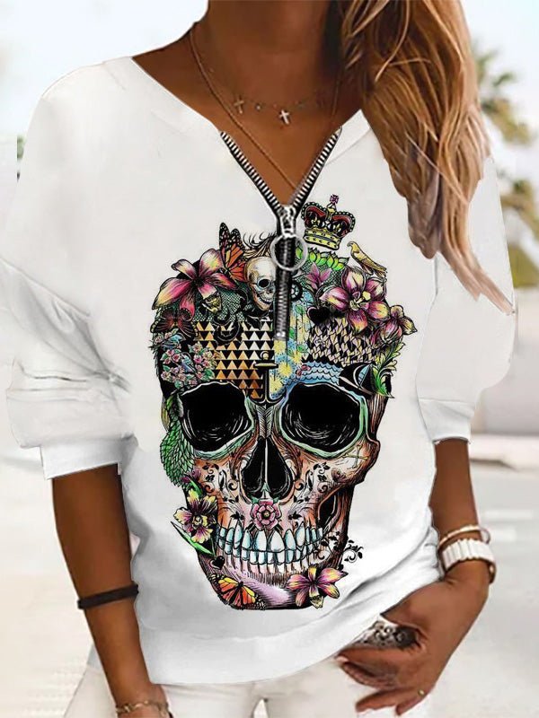 Women's T-Shirts Loose Print Zip Long Sleeve T-Shirt - T-Shirts - Instastyled | Online Fashion Free Shipping Clothing, Dresses, Tops, Shoes - 10/08/2022 - 20-30 - color-black