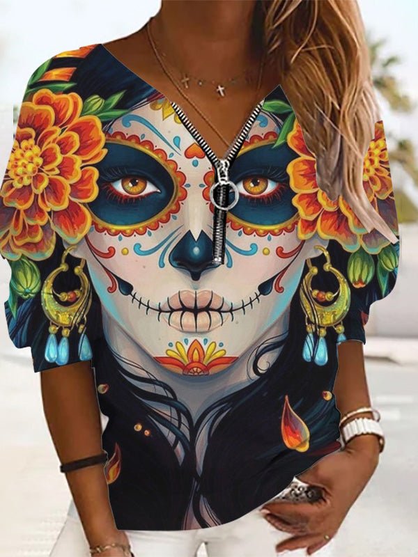 Women's T-Shirts Loose Print Zip Long Sleeve T-Shirt - T-Shirts - Instastyled | Online Fashion Free Shipping Clothing, Dresses, Tops, Shoes - 10/08/2022 - 20-30 - color-black