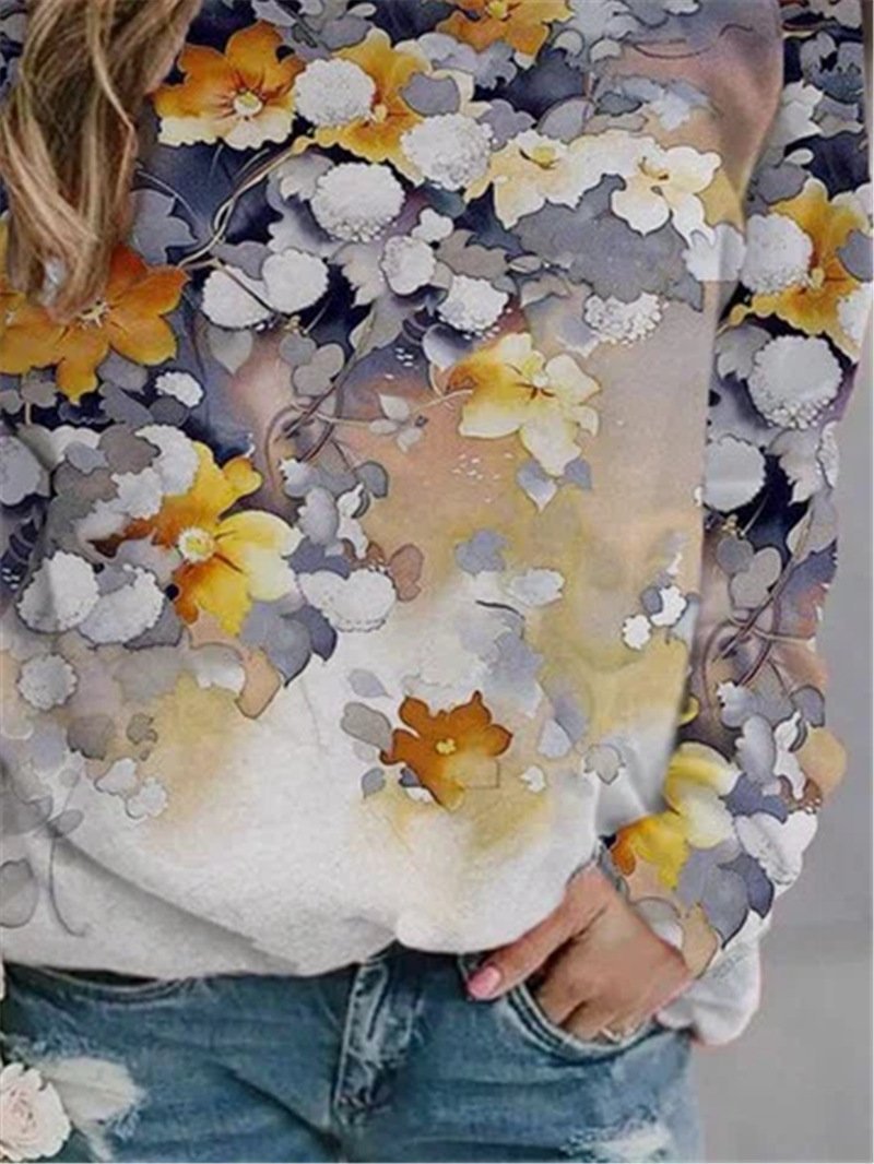 Women's T-Shirts Loose Round Neck Floral Print Long Sleeves T-Shirt - T-Shirts - INS | Online Fashion Free Shipping Clothing, Dresses, Tops, Shoes - 20-30 - 22/11/2021 - color-multi