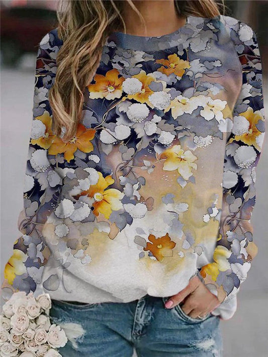 Women's T-Shirts Loose Round Neck Floral Print Long Sleeves T-Shirt - T-Shirts - INS | Online Fashion Free Shipping Clothing, Dresses, Tops, Shoes - 20-30 - 22/11/2021 - color-multi