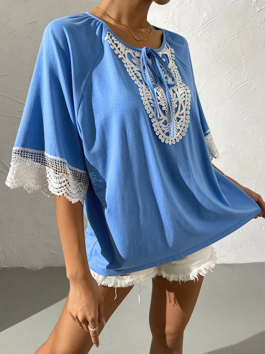 Women's T-Shirts Loose Round Neck Lace Short Sleeve T-Shirt - T-Shirts - Instastyled | Online Fashion Free Shipping Clothing, Dresses, Tops, Shoes - 30-40 - 30/05/2022 - color-blue