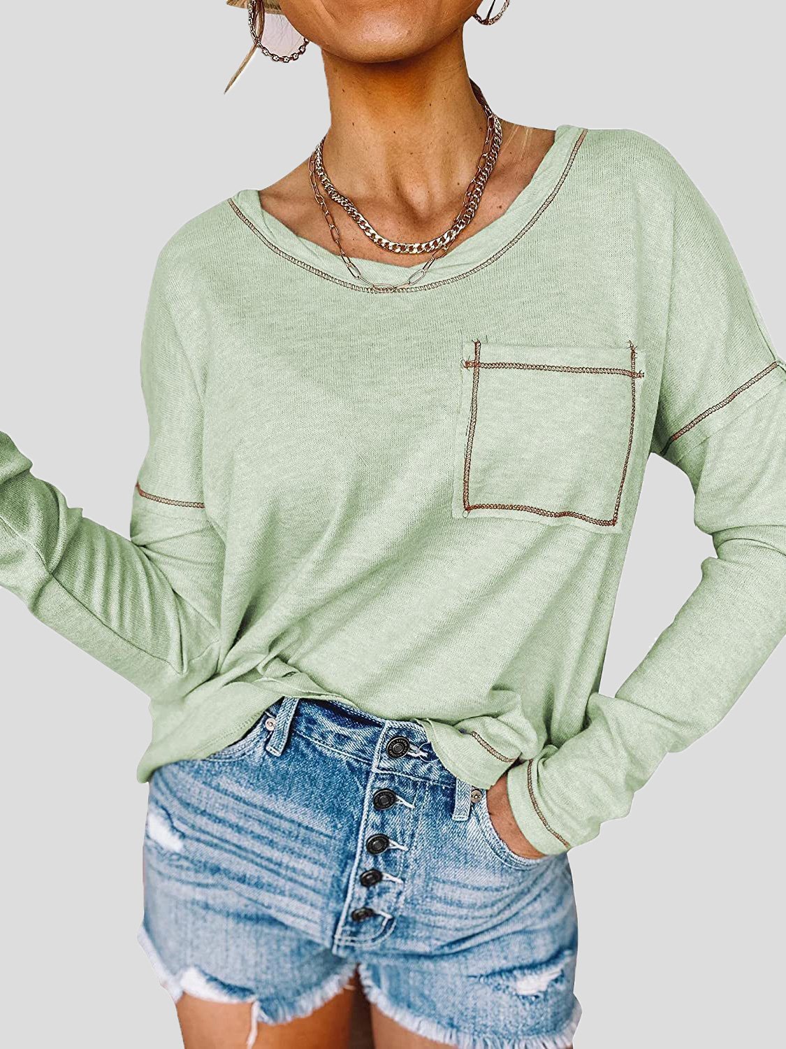 Women's T-Shirts Loose Round Neck Pocket Long Sleeve T-Shirt - T-Shirts - INS | Online Fashion Free Shipping Clothing, Dresses, Tops, Shoes - 06/09/2021 - 20-30 - Category_T-Shirts