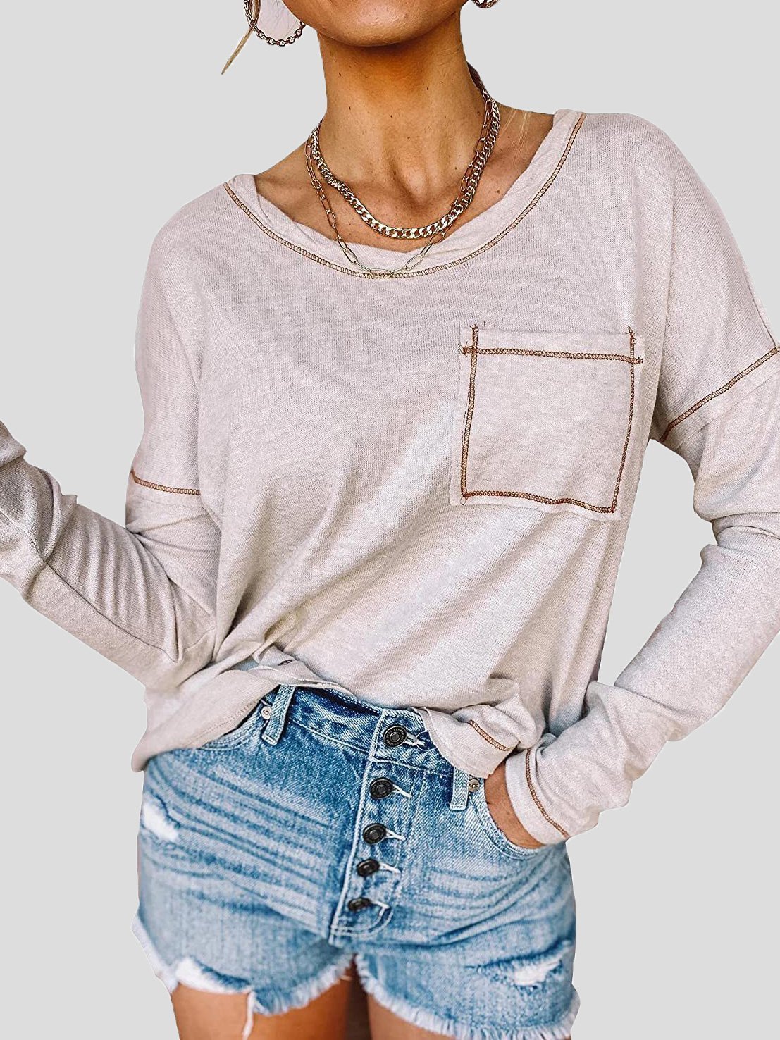 Women's T-Shirts Loose Round Neck Pocket Long Sleeve T-Shirt - T-Shirts - INS | Online Fashion Free Shipping Clothing, Dresses, Tops, Shoes - 06/09/2021 - 20-30 - Category_T-Shirts