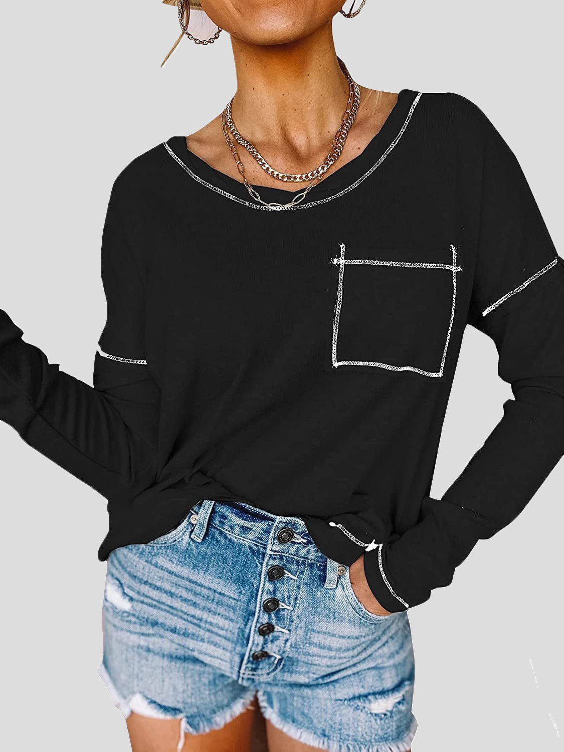 Women's T-Shirts Loose Round Neck Pocket Long Sleeve T-Shirt - T-Shirts - INS | Online Fashion Free Shipping Clothing, Dresses, Tops, Shoes - 06/09/2021 - 20-30 - Category_T-Shirts