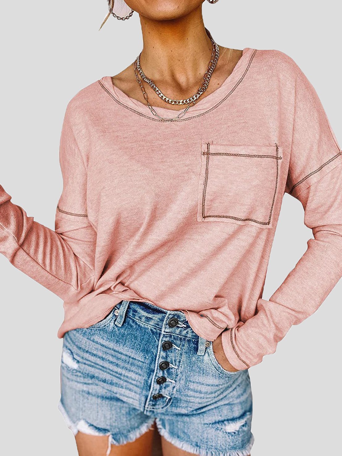 Women's T-Shirts Loose Round Neck Pocket Long Sleeve T-Shirt - T-Shirts - INS | Online Fashion Free Shipping Clothing, Dresses, Tops, Shoes - 06/09/2021 - 20-30 - Category_T-Shirts