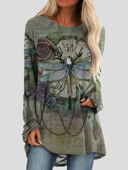 Women's T-Shirts Loose Round Neck Retro Dragonfly Print Long Sleeve T-Shirts - T-Shirts - INS | Online Fashion Free Shipping Clothing, Dresses, Tops, Shoes - 10-20 - 10/09/2021 - Category_T-Shirts