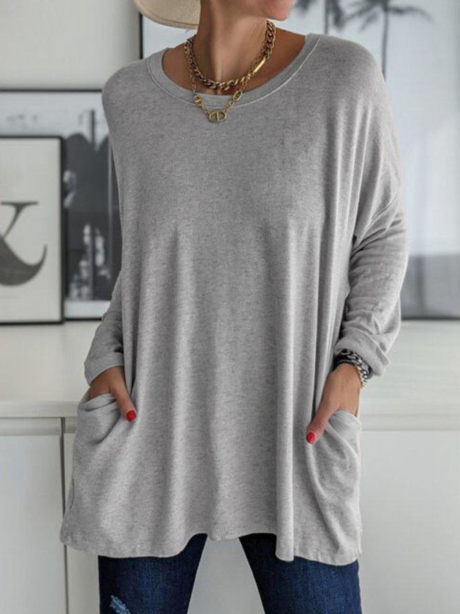 Women's T-Shirts Loose Solid Round Neck Pocket Long Sleeve T-Shirt - T-Shirts - INS | Online Fashion Free Shipping Clothing, Dresses, Tops, Shoes - 04/11/2021 - 10-20 - color-black