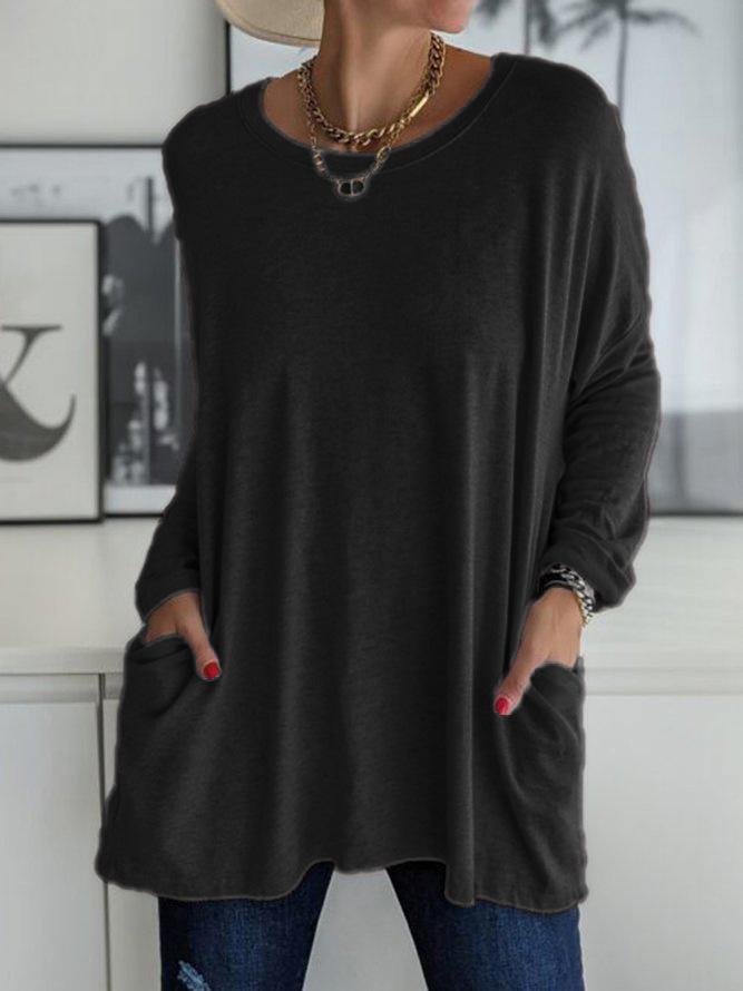 Women's T-Shirts Loose Solid Round Neck Pocket Long Sleeve T-Shirt - T-Shirts - INS | Online Fashion Free Shipping Clothing, Dresses, Tops, Shoes - 04/11/2021 - 10-20 - color-black