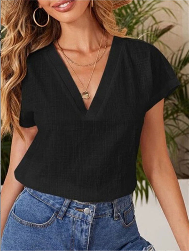 Women's T-Shirts Loose Solid V-Neck Short Sleeve T-Shirt - T-Shirts - Instastyled | Online Fashion Free Shipping Clothing, Dresses, Tops, Shoes - 20-30 - 30/06/2022 - color-black