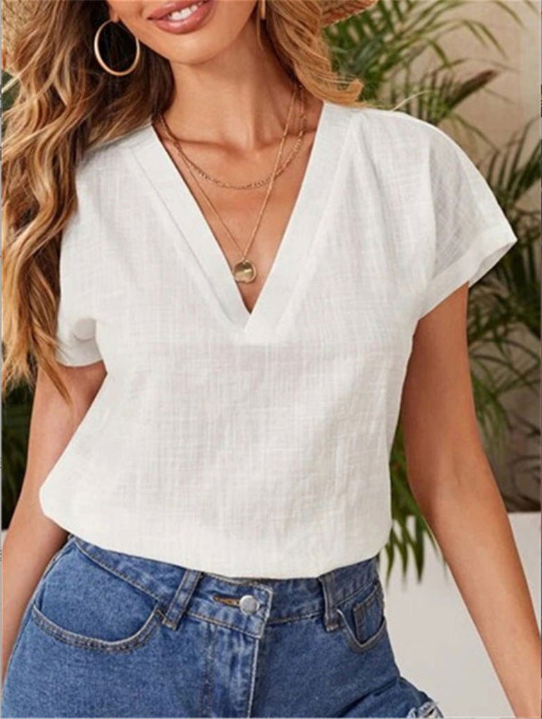 Women's T-Shirts Loose Solid V-Neck Short Sleeve T-Shirt - T-Shirts - Instastyled | Online Fashion Free Shipping Clothing, Dresses, Tops, Shoes - 20-30 - 30/06/2022 - color-black