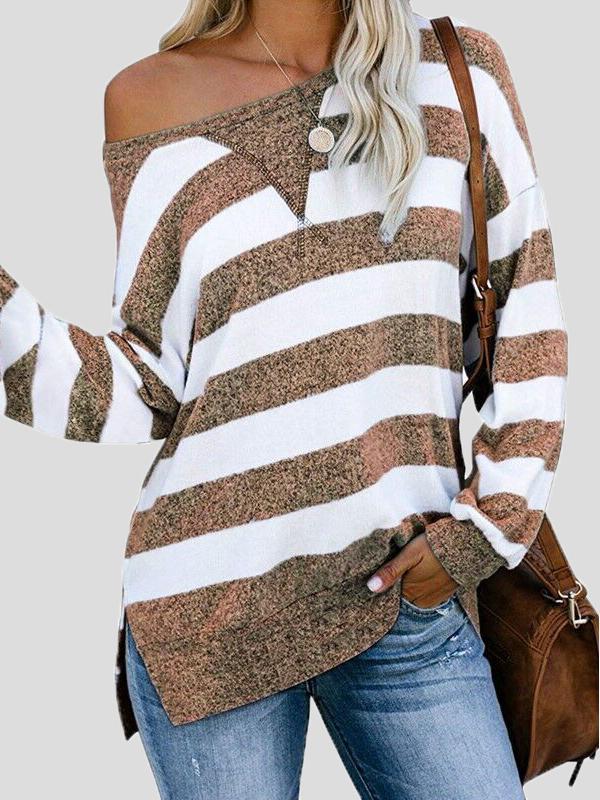 Women's T-Shirts Loose Striped Long Sleeve Split T-Shirt - T-Shirts - INS | Online Fashion Free Shipping Clothing, Dresses, Tops, Shoes - 15/11/2021 - Color_Gray - Color_Green