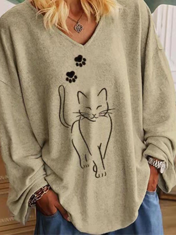 Women's T-Shirts Loose V-Neck Cat Print Long Sleeve T-Shirt - T-Shirts - Instastyled | Online Fashion Free Shipping Clothing, Dresses, Tops, Shoes - 06/01/2022 - 20-30 - color-multi