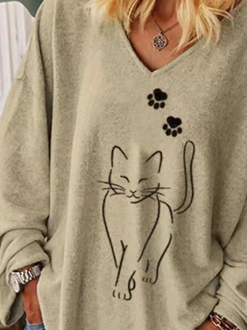 Women's T-Shirts Loose V-Neck Cat Print Long Sleeve T-Shirt - T-Shirts - Instastyled | Online Fashion Free Shipping Clothing, Dresses, Tops, Shoes - 06/01/2022 - 20-30 - color-multi