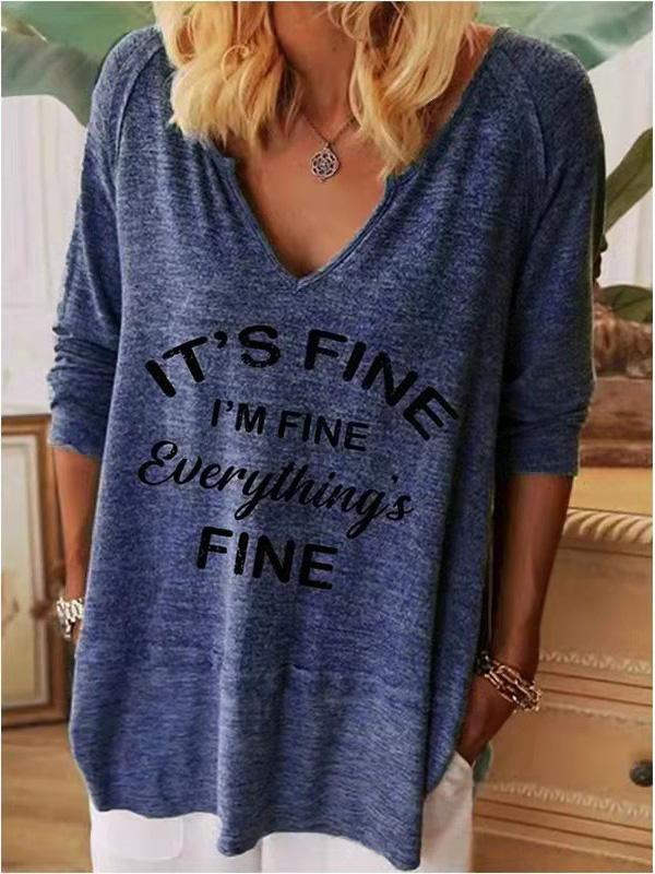 Women's T-Shirts Loose V-Neck Letter Print Long Sleeve T-Shirt - T-Shirts - Instastyled | Online Fashion Free Shipping Clothing, Dresses, Tops, Shoes - 07/12/2021 - 20-30 - color-blue