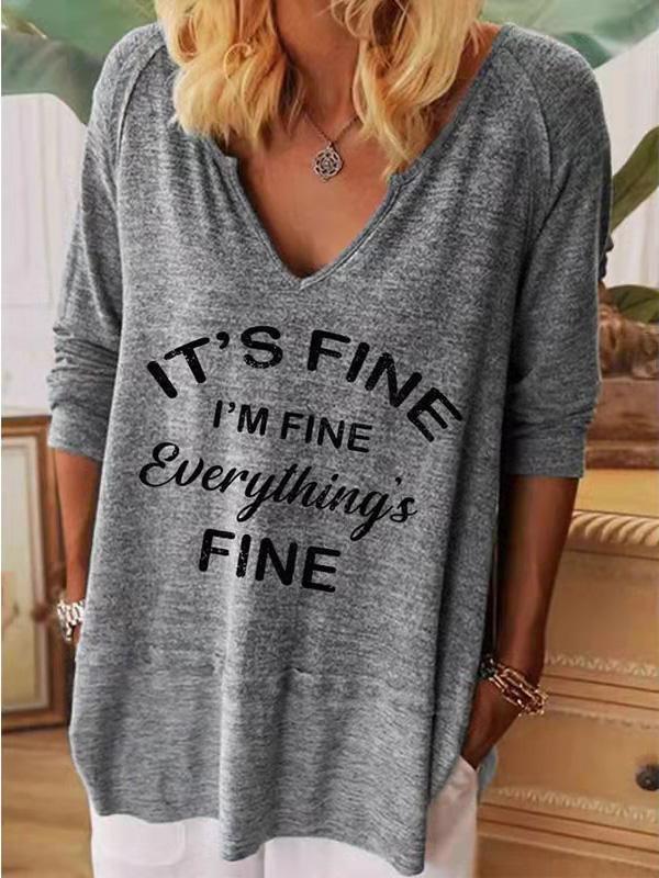 Women's T-Shirts Loose V-Neck Letter Print Long Sleeve T-Shirt - T-Shirts - Instastyled | Online Fashion Free Shipping Clothing, Dresses, Tops, Shoes - 07/12/2021 - 20-30 - color-blue