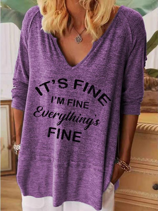 Women's T-Shirts Loose V-Neck Letter Print Long Sleeve T-Shirt - T-Shirts - Instastyled | Online Fashion Free Shipping Clothing, Dresses, Tops, Shoes - 07/12/2021 - 20-30 - color-blue