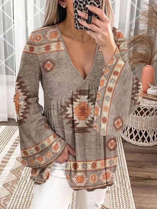 Women's T-Shirts Loose V-Neck Printed Flared Long Sleeve T-Shirt - T-Shirts - INS | Online Fashion Free Shipping Clothing, Dresses, Tops, Shoes - 20-30 - 23/09/2021 - color-multi