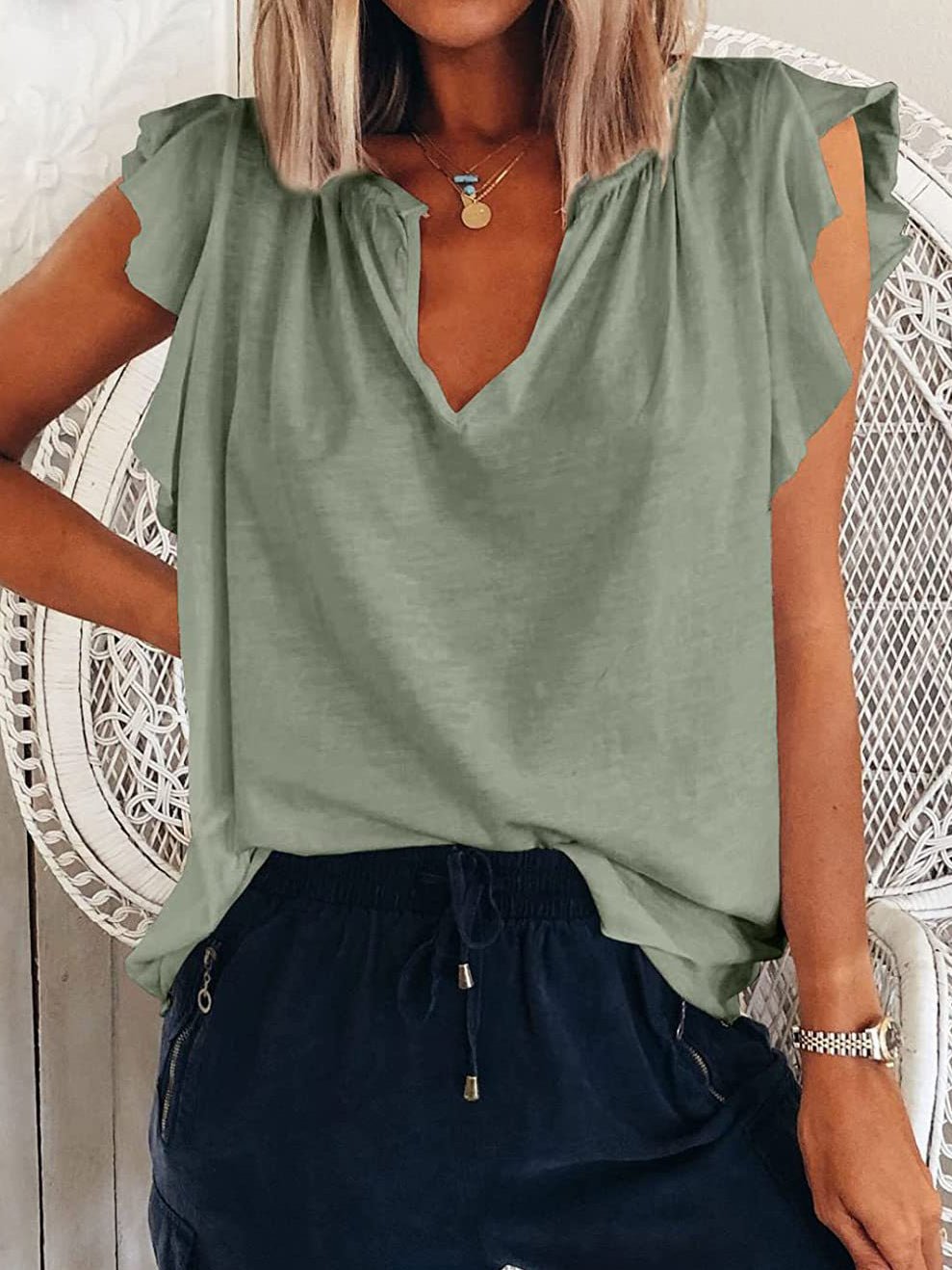 Women's T-Shirts Loose V-Neck Ruffle Short Sleeve T-Shirt - T-Shirts - Instastyled | Online Fashion Free Shipping Clothing, Dresses, Tops, Shoes - 18/05/2022 - 20-30 - color-blue