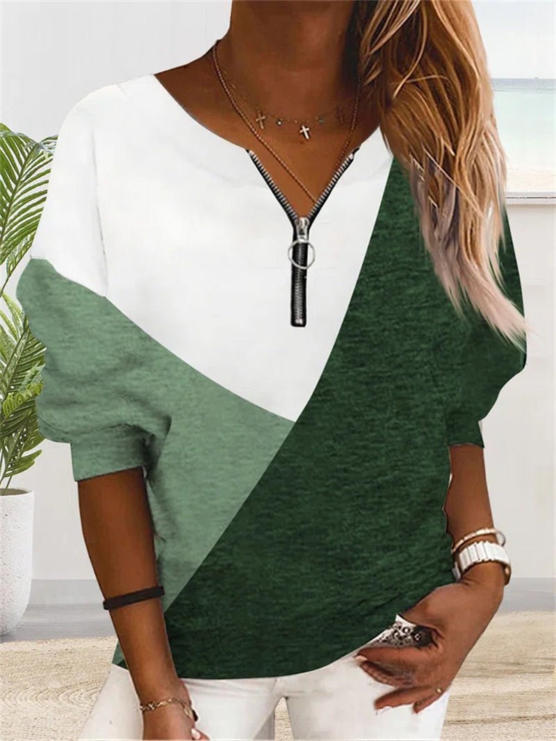 Women's T-Shirts Loose V-Neck Zippered Long Sleeve T-Shirt - T-Shirts - Instastyled | Online Fashion Free Shipping Clothing, Dresses, Tops, Shoes - 26/08/2022 - 30-40 - color-blue