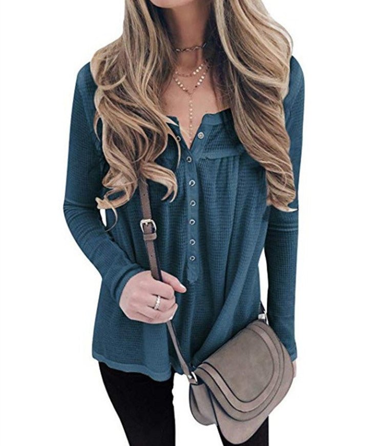 Women's T-Shirts Loose Waffle Button Long Sleeve T-Shirt - T-Shirts - Instastyled | Online Fashion Free Shipping Clothing, Dresses, Tops, Shoes - 13/08/2022 - Color_Blue - Color_Gray