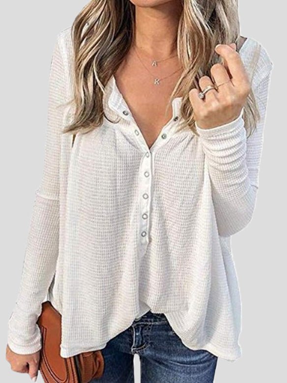 Women's T-Shirts Loose Waffle Button Long Sleeve T-Shirt - T-Shirts - Instastyled | Online Fashion Free Shipping Clothing, Dresses, Tops, Shoes - 13/08/2022 - Color_Blue - Color_Gray