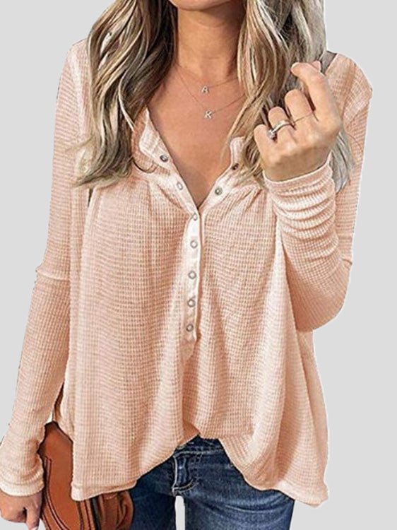 Women's T-Shirts Loose Waffle Button Long Sleeve T-Shirt - T-Shirts - Instastyled | Online Fashion Free Shipping Clothing, Dresses, Tops, Shoes - 13/08/2022 - Color_Blue - Color_Gray