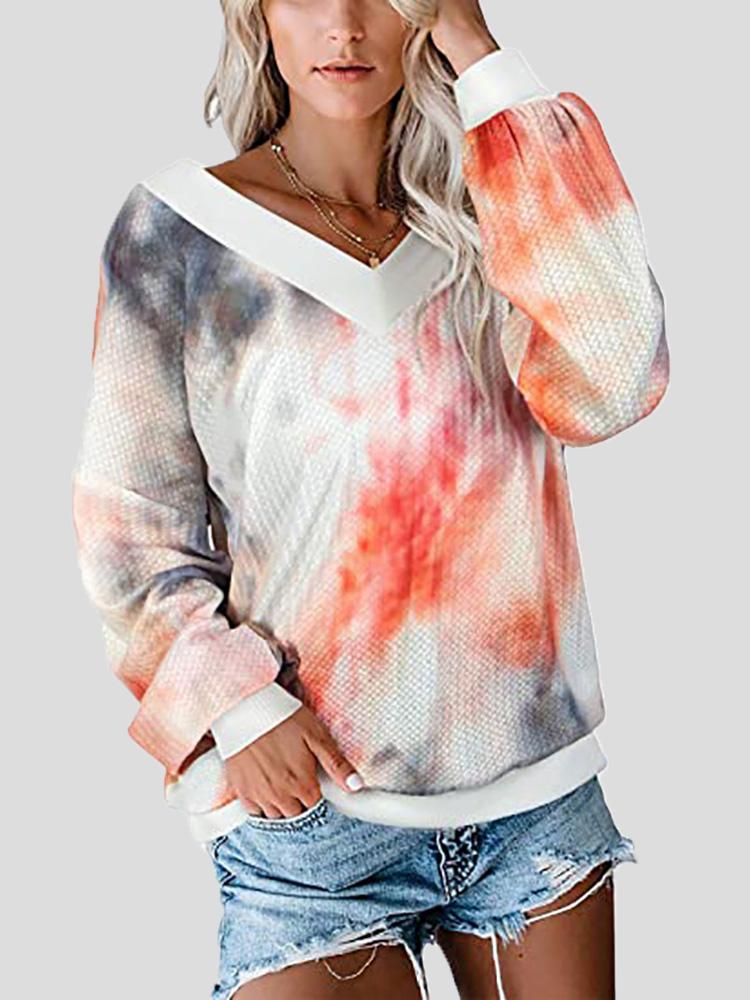 Women's T-Shirts Loose Waffle Print V-Neck Long Sleeve T-Shirt - T-Shirts - Instastyled | Online Fashion Free Shipping Clothing, Dresses, Tops, Shoes - 08/12/2021 - 20-30 - color-brown