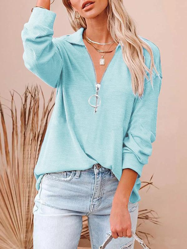 Women's T-Shirts Loose Zipper V-Neck Long Sleeve T-Shirt - T-Shirts - INS | Online Fashion Free Shipping Clothing, Dresses, Tops, Shoes - 20-30 - 20/08/2021 - Category_T-Shirts