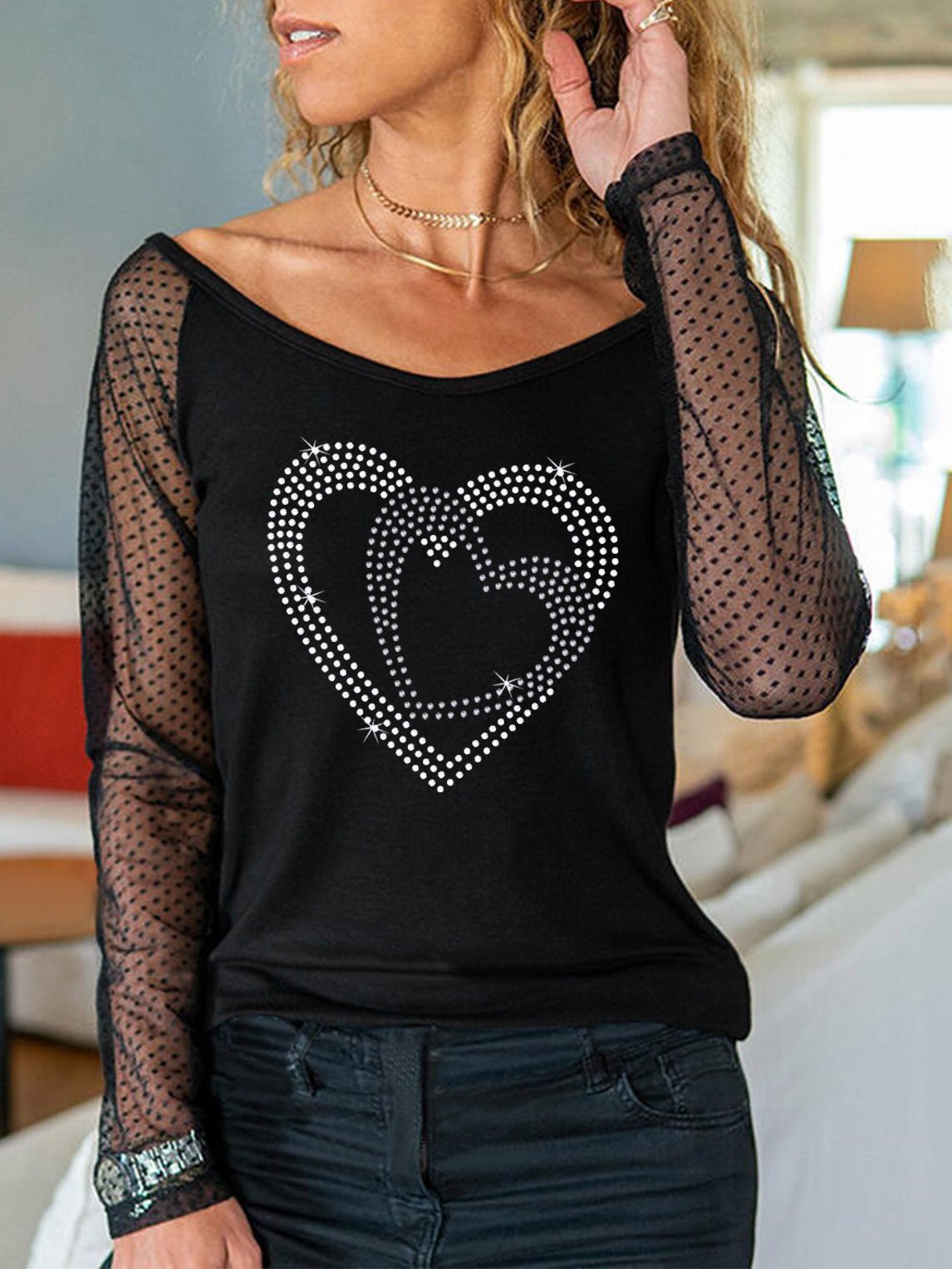 Women's T-Shirts Love Hot Rhinestone Mesh Stitching Long Sleeve T-Shirt - T-Shirts - Instastyled | Online Fashion Free Shipping Clothing, Dresses, Tops, Shoes - 15/12/2021 - 20-30 - color-black