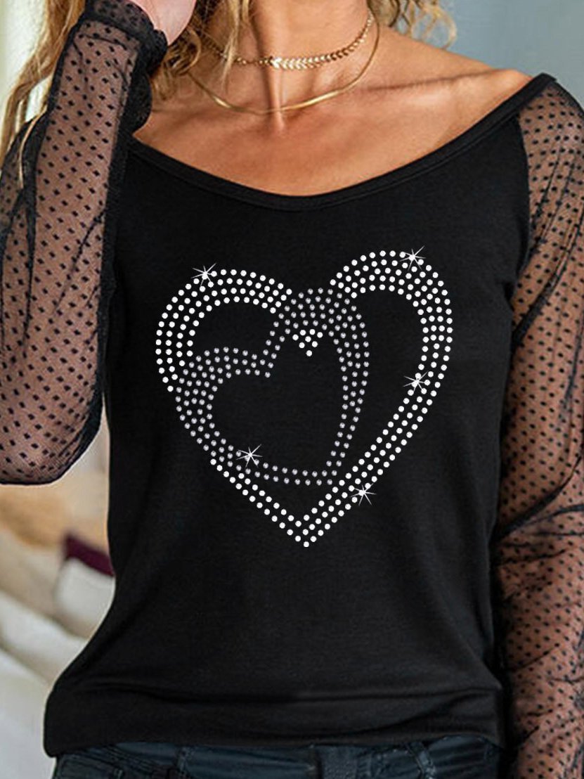 Women's T-Shirts Love Hot Rhinestone Mesh Stitching Long Sleeve T-Shirt - T-Shirts - Instastyled | Online Fashion Free Shipping Clothing, Dresses, Tops, Shoes - 15/12/2021 - 20-30 - color-black