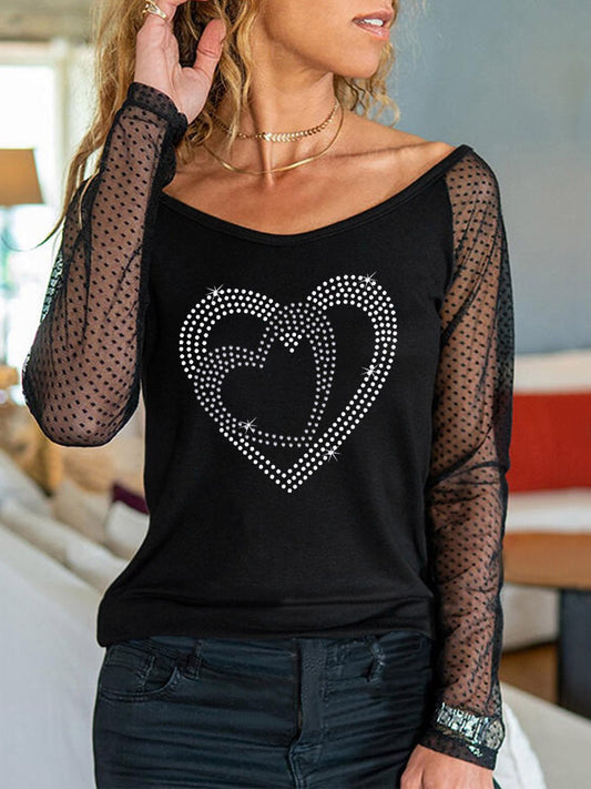 Women's T-Shirts Love Hot Rhinestone Mesh Stitching Long Sleeve T-Shirt - T-Shirts - Instastyled | Online Fashion Free Shipping Clothing, Dresses, Tops, Shoes - 15/12/2021 - 20-30 - color-black