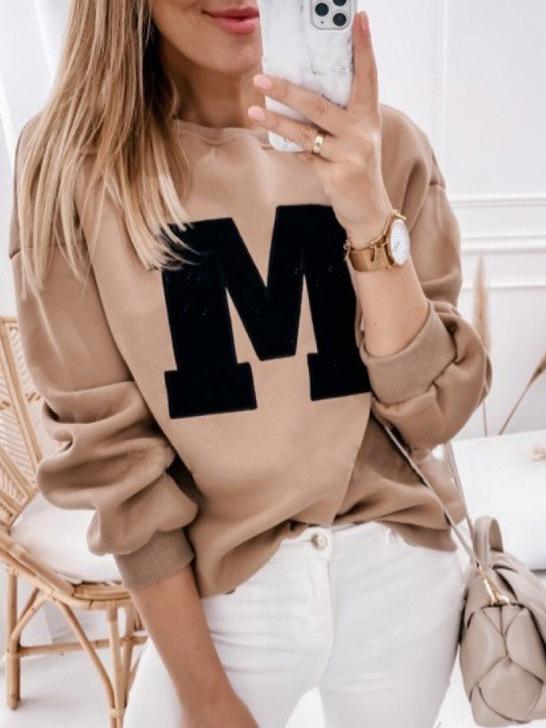 Women's T-Shirts M Letter Round Neck Long Sleeve T-Shirt - T-Shirts - INS | Online Fashion Free Shipping Clothing, Dresses, Tops, Shoes - 05/11/2021 - 20-30 - color-camel