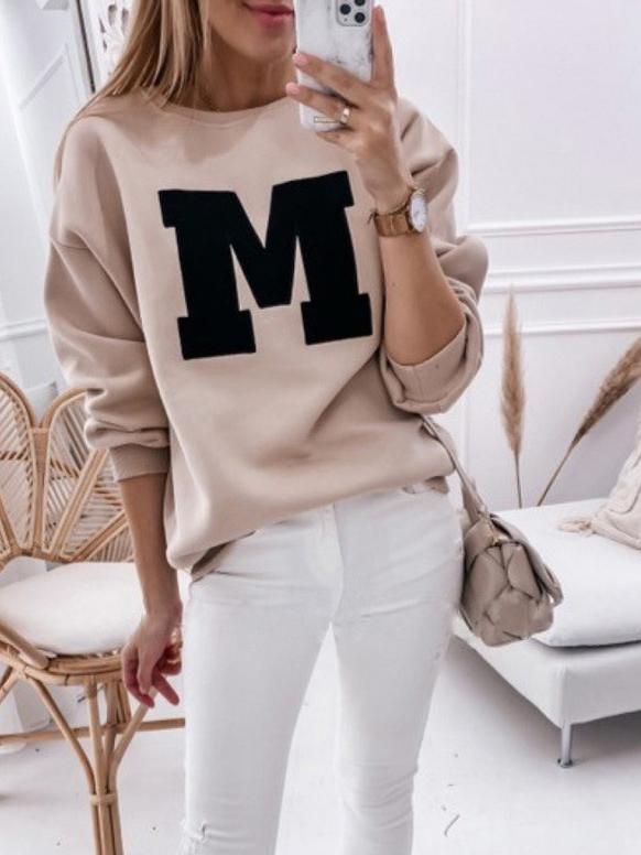 Women's T-Shirts M Letter Round Neck Long Sleeve T-Shirt - T-Shirts - INS | Online Fashion Free Shipping Clothing, Dresses, Tops, Shoes - 05/11/2021 - 20-30 - color-camel