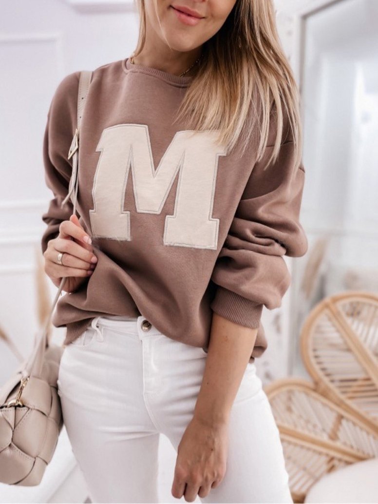 Women's T-Shirts M Letter Round Neck Long Sleeve T-Shirt - T-Shirts - INS | Online Fashion Free Shipping Clothing, Dresses, Tops, Shoes - 05/11/2021 - 20-30 - color-camel