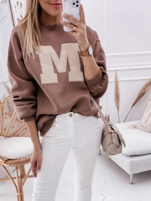 Women's T-Shirts M Letter Round Neck Long Sleeve T-Shirt - T-Shirts - INS | Online Fashion Free Shipping Clothing, Dresses, Tops, Shoes - 05/11/2021 - 20-30 - color-camel