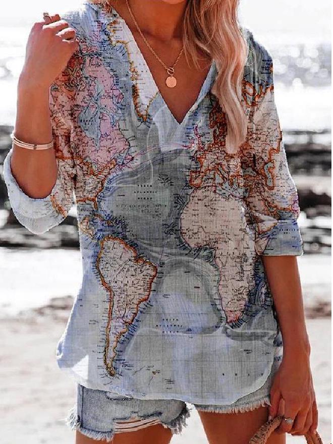 Women's T-Shirts Map Print V-Neck Long Sleeve T-Shirt - T-Shirts - INS | Online Fashion Free Shipping Clothing, Dresses, Tops, Shoes - 06/11/2021 - 20-30 - color-blue