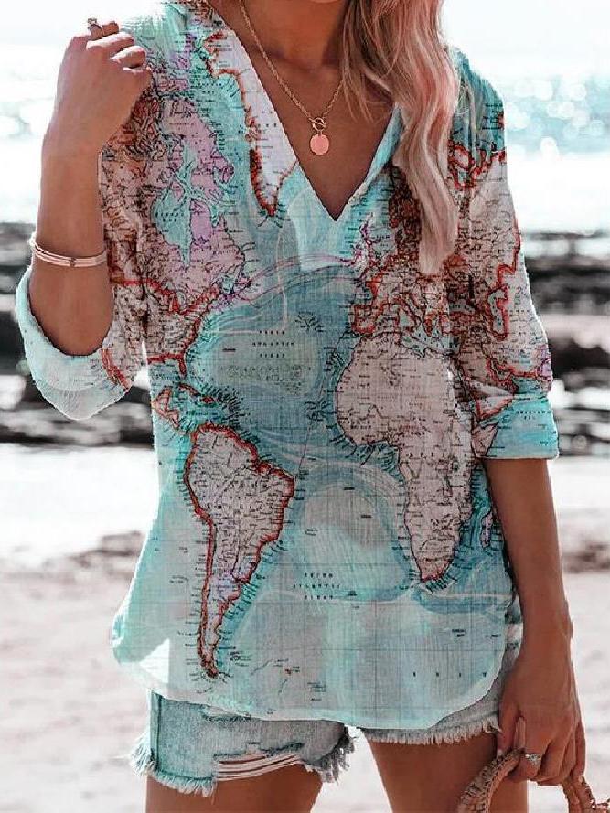 Women's T-Shirts Map Print V-Neck Long Sleeve T-Shirt - T-Shirts - INS | Online Fashion Free Shipping Clothing, Dresses, Tops, Shoes - 06/11/2021 - 20-30 - color-blue