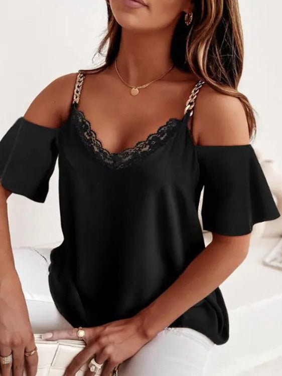 Women's T-Shirts Metal Sling V-Neck Lace Off-the-Shoulder Short Sleeve T-Shirt - T-Shirts - Instastyled | Online Fashion Free Shipping Clothing, Dresses, Tops, Shoes - 24/06/2022 - Color_Black - HDL